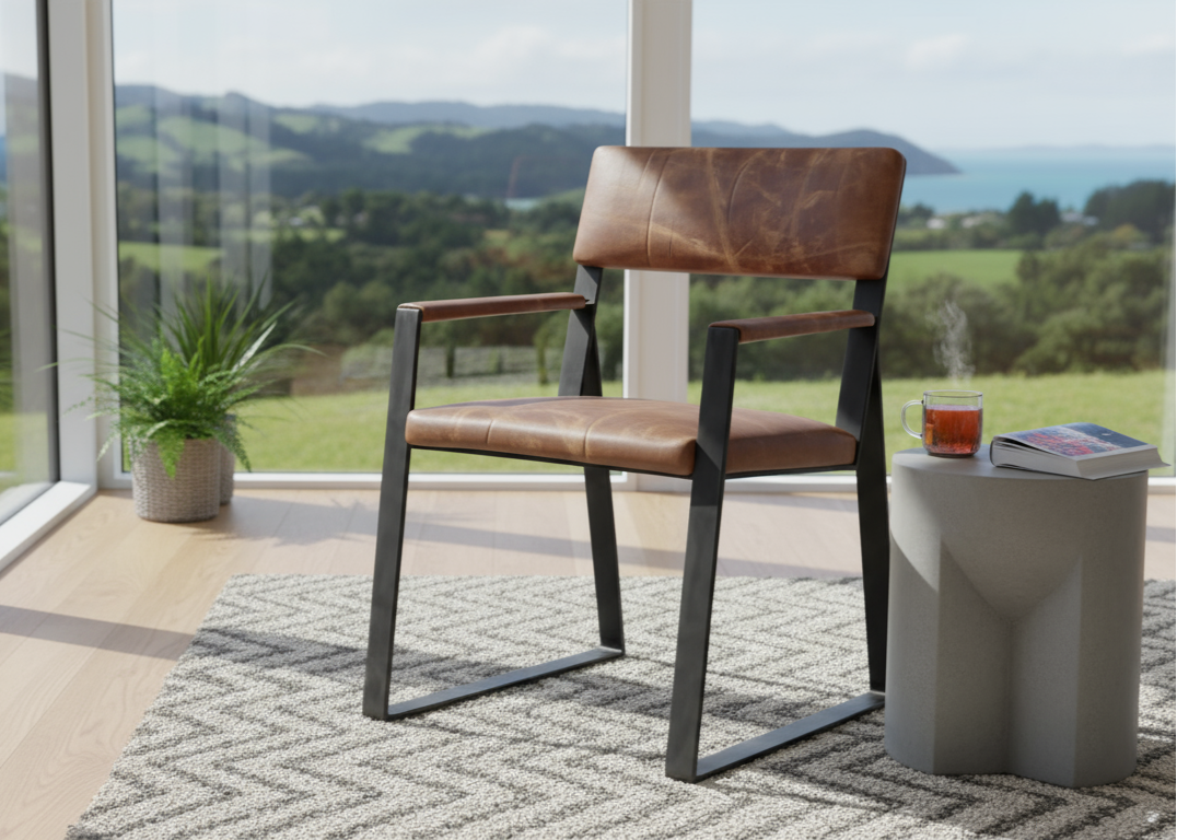 Chair with brown seat and backrest, black frame and armrests by large windows