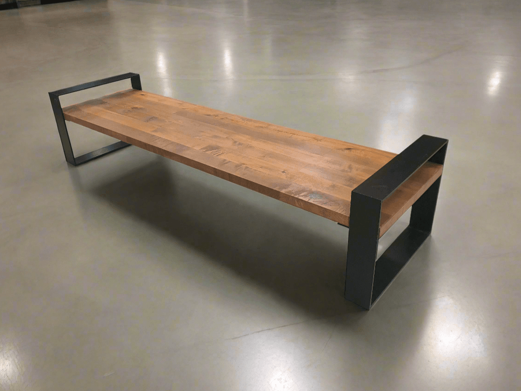 Wood-look media bench with black rectangular frame legs