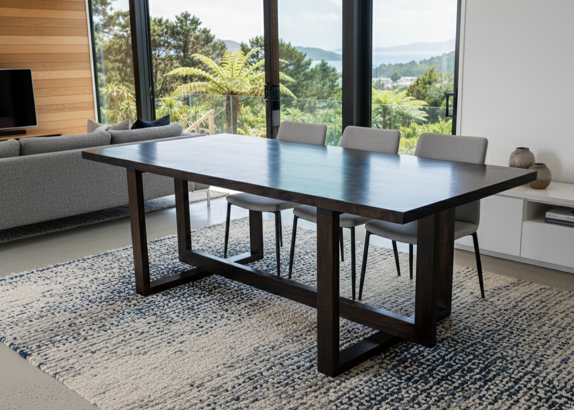 Modern dining table with chairs in a living room setting