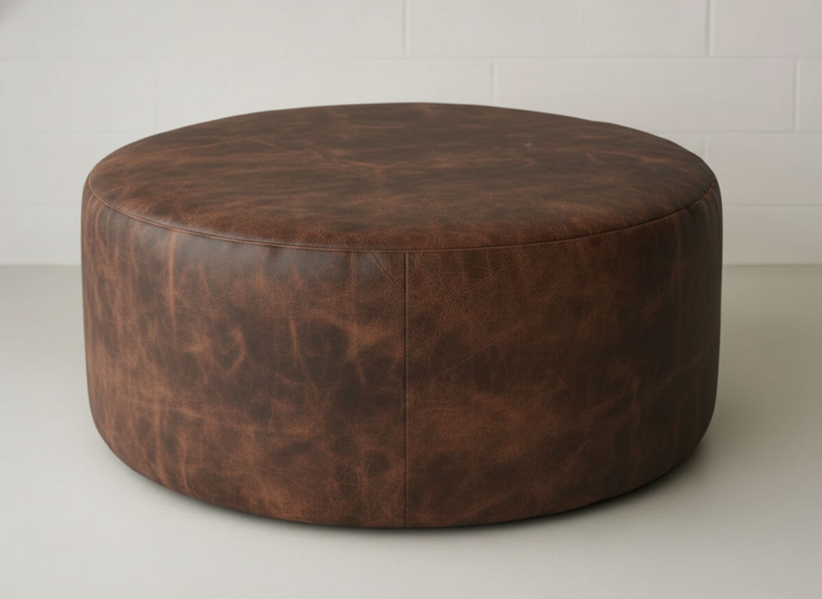 Round brown leather ottoman on a white floor with a white wall background