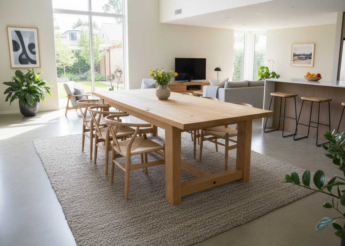 A classic farmhouse-style dining table made of solid timber, with thick wooden legs and a richly grained rectangular top, set in a cozy dining space with country decor.