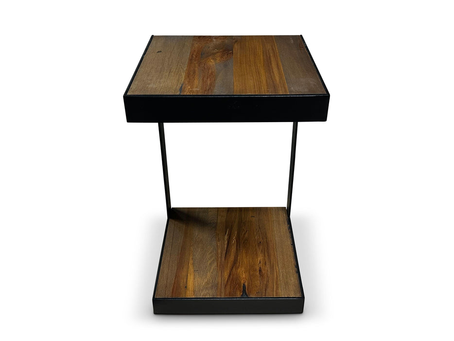 Small side table with wood-grain top and lower shelf in a black frame
