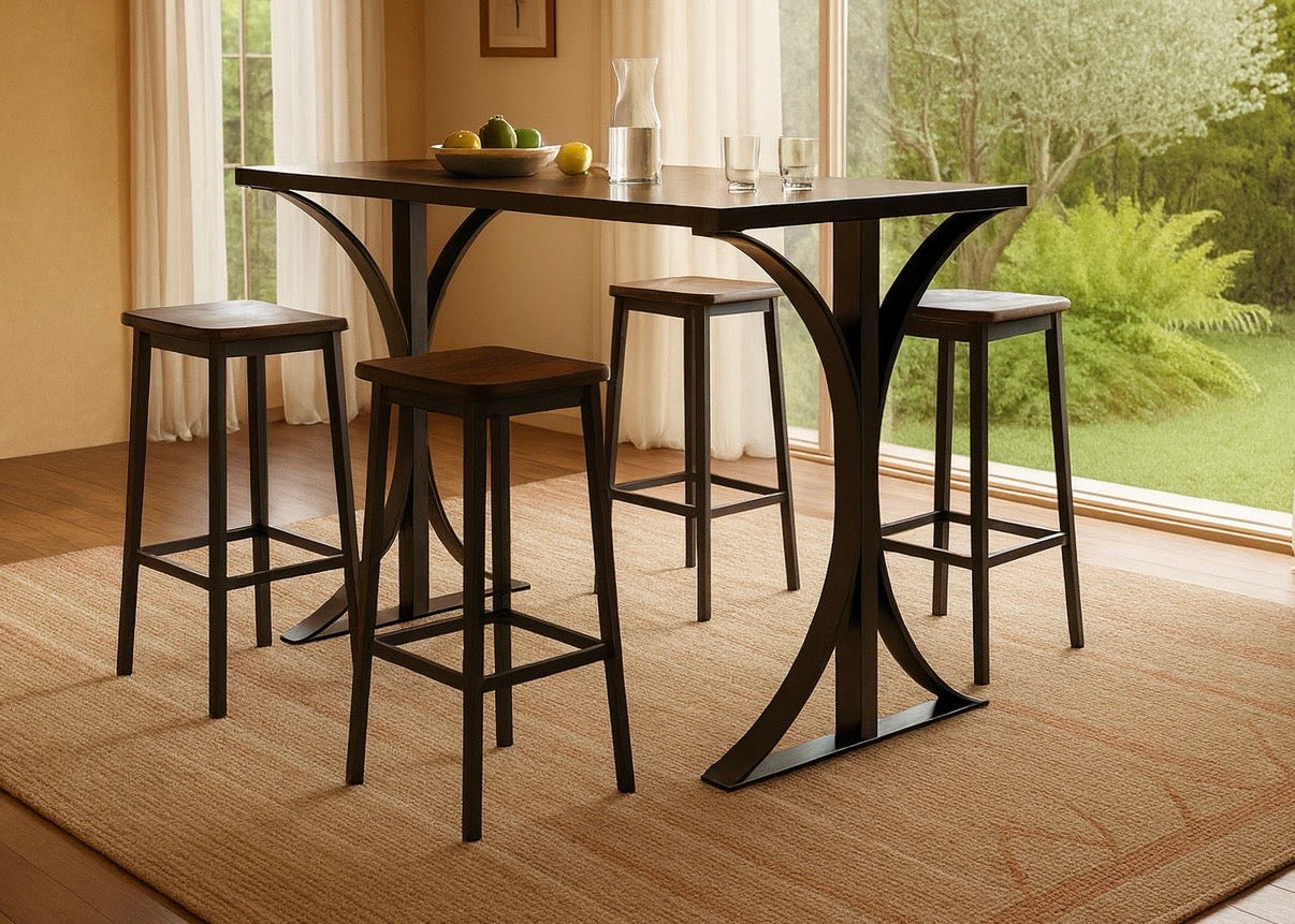 Dark wooden table with four matching stools in a room with large windows.