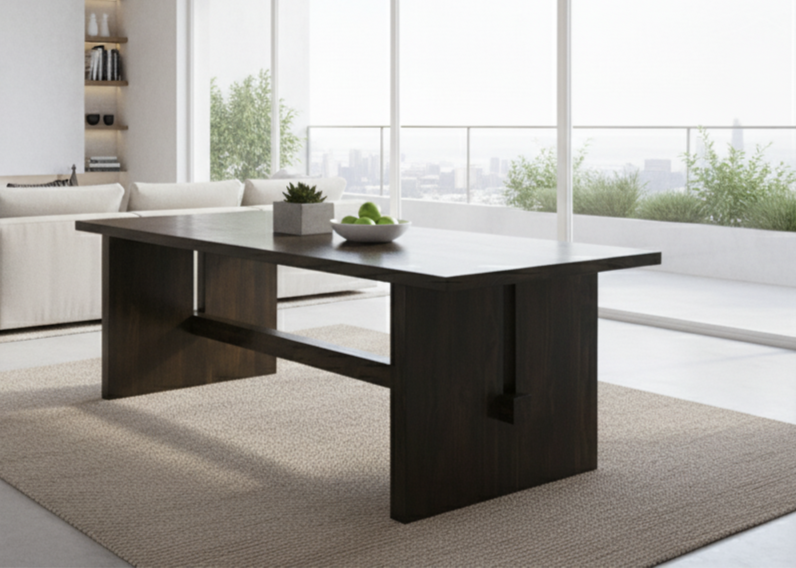 Japanese-inspired solid wood dining table handmade in NZ. Finished with natural oil for a rich look. Custom sizes and wood options for a minimalist style.