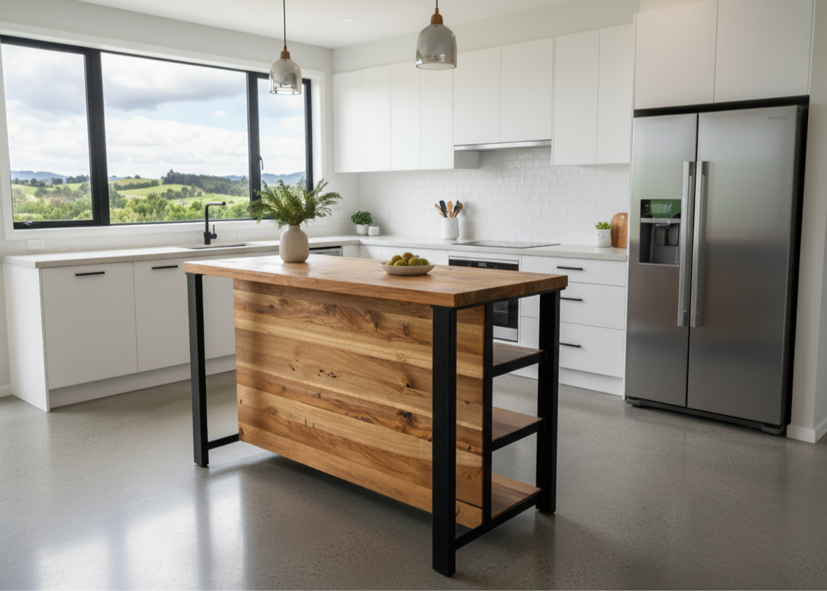 Modern kitchen with wooden island and stainless steel refrigerator