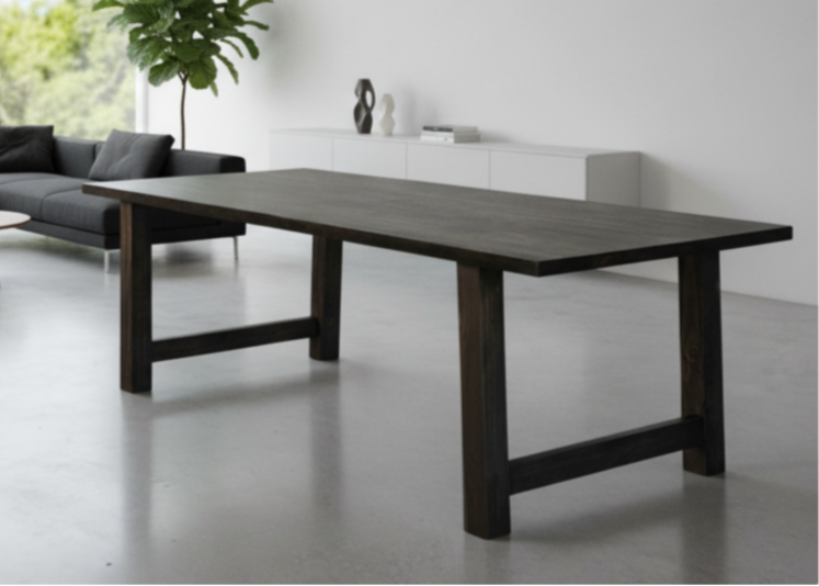 A sleek farmhouse-style dining table crafted from solid wood, featuring straight modern legs and a spacious rectangular top, shown in a bright kitchen dining area with rustic décor accents.