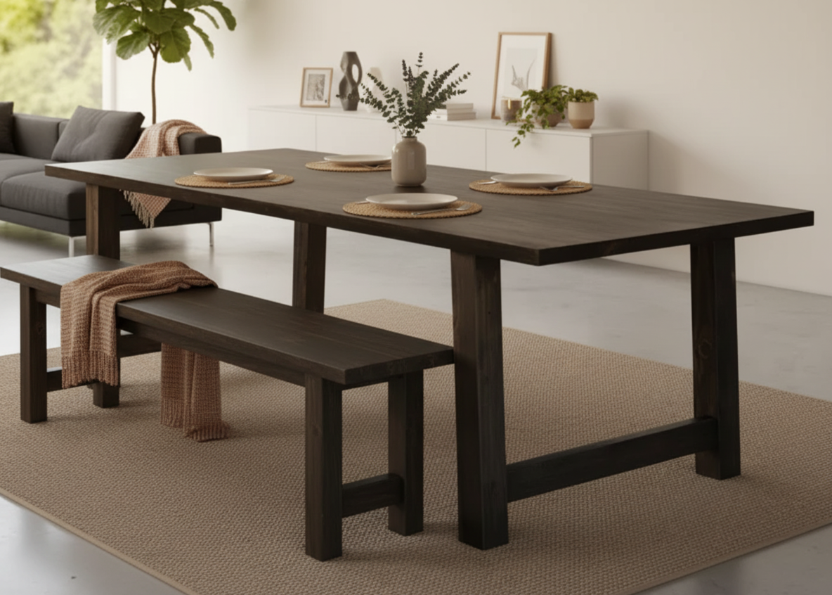 Dining table set with benches and decor in a modern living room.