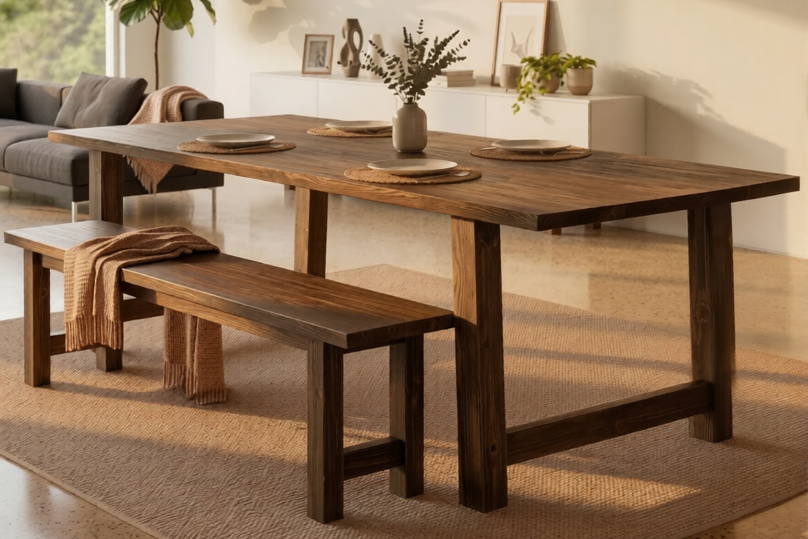 Modern Homestead dining table in warm solid timber with matching bench and timber trestle legs with cross-bracing, Christchurch-made