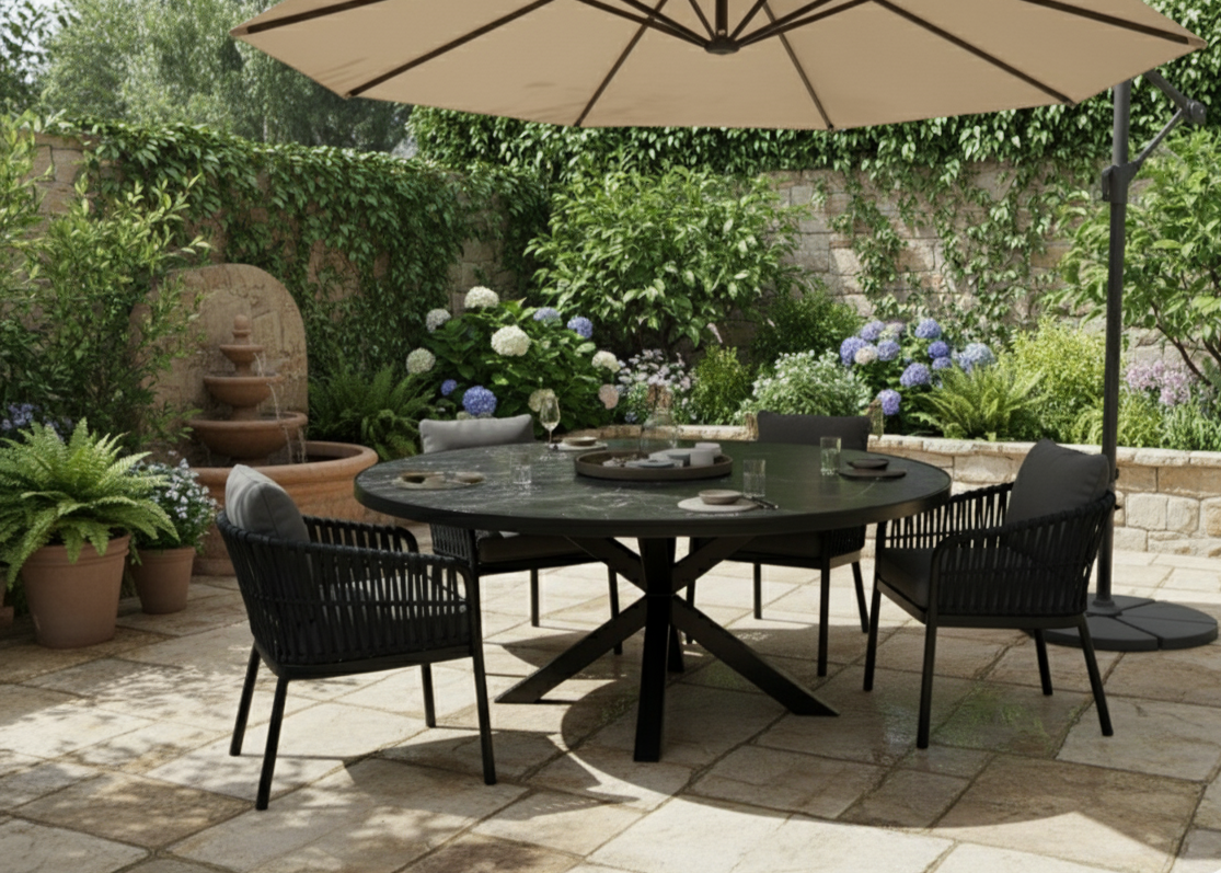 Outdoor patio set with round table and chairs under a large umbrella, surrounded by garden plants and a stone wall.