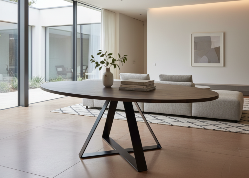Modern dining table in a stylish living room with large windows.