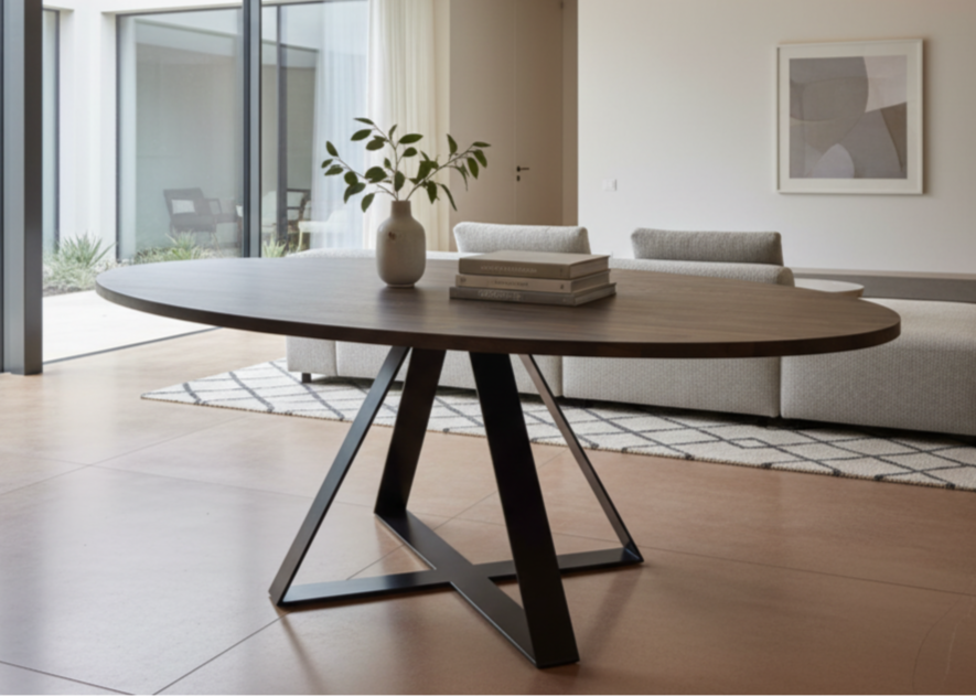 Modern dining table in a stylish living room with large windows.