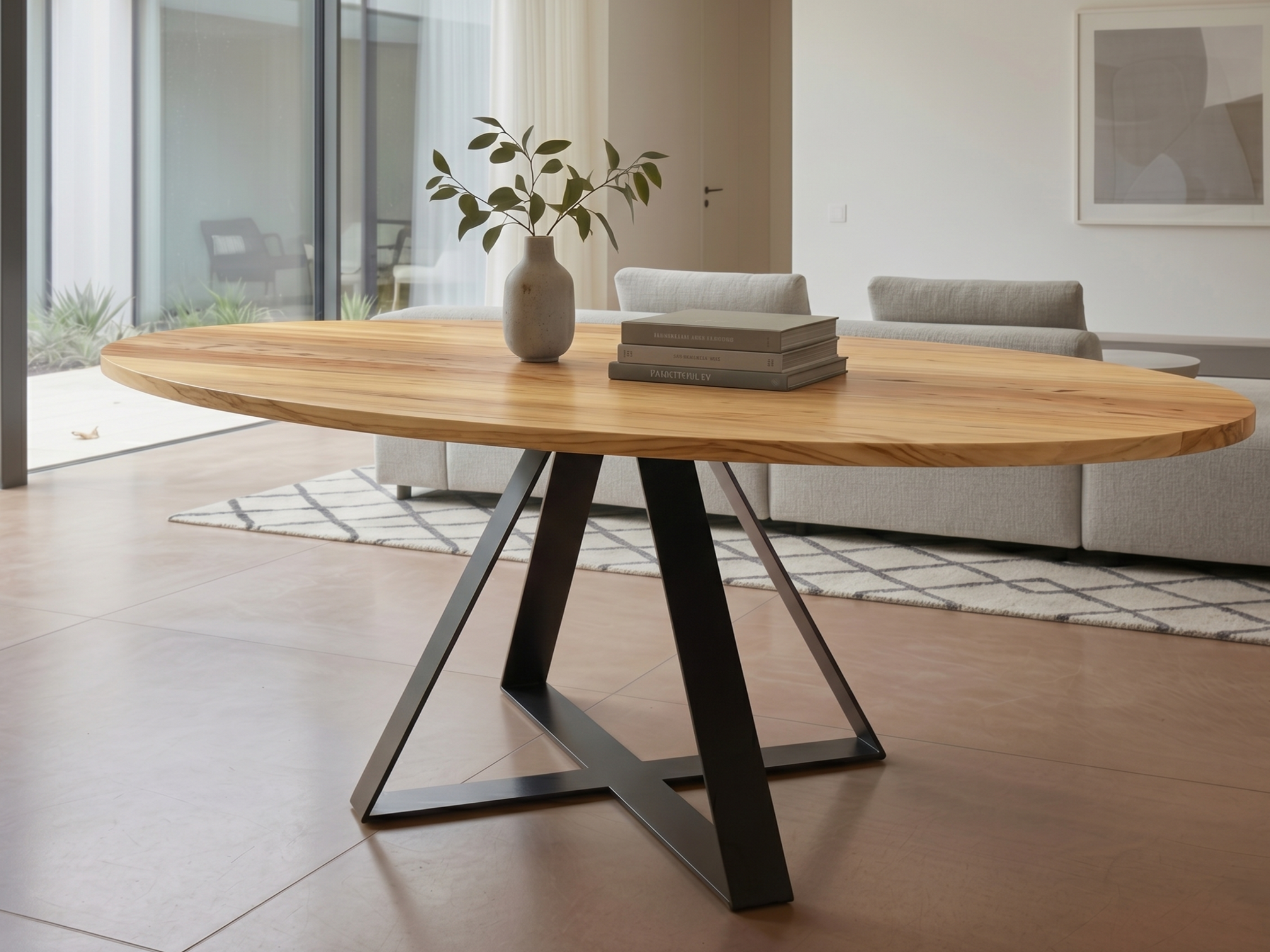 Wooden dining table with black metal legs in a modern living room.