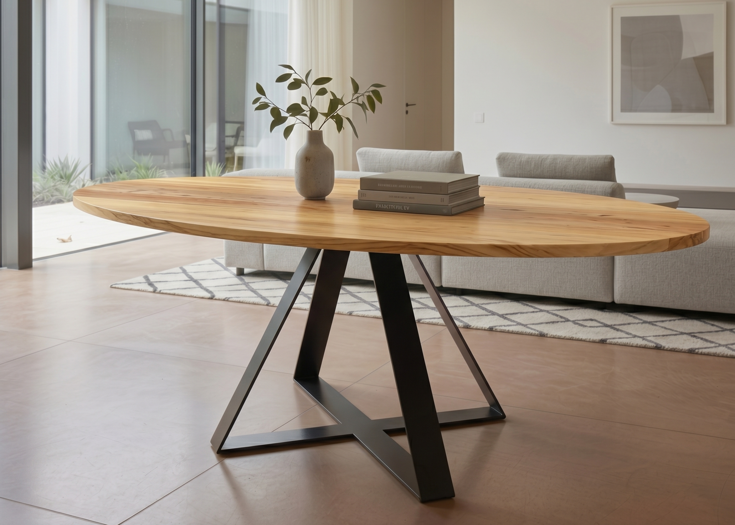 Wooden dining table with black metal legs in a modern living room.
