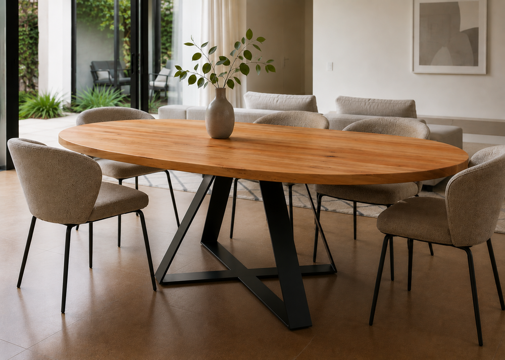 Dining room with a wooden table and chairs in a modern interior setting.