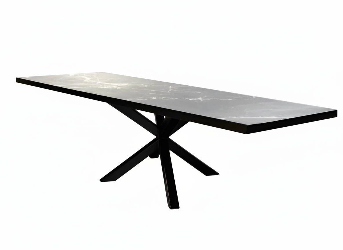 Rectangular table with dark marble-patterned top and black angular cross-style base on a white background