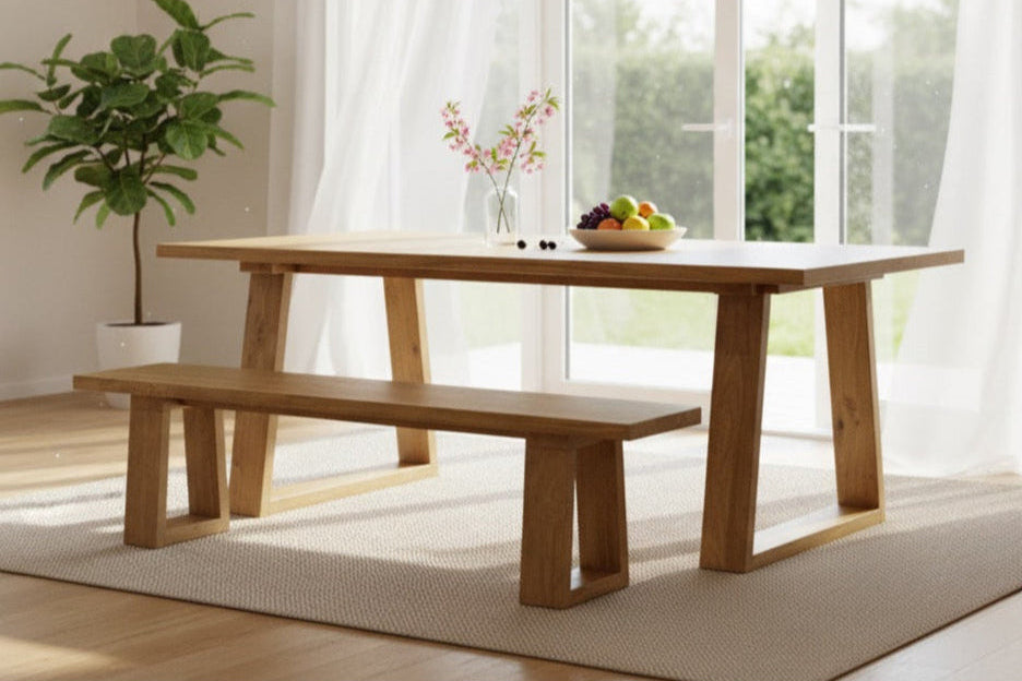 Reverse-angled timber dining table in honey-toned solid NZ native timber with matching bench and trapezoidal all-timber legs, Christchurch-made