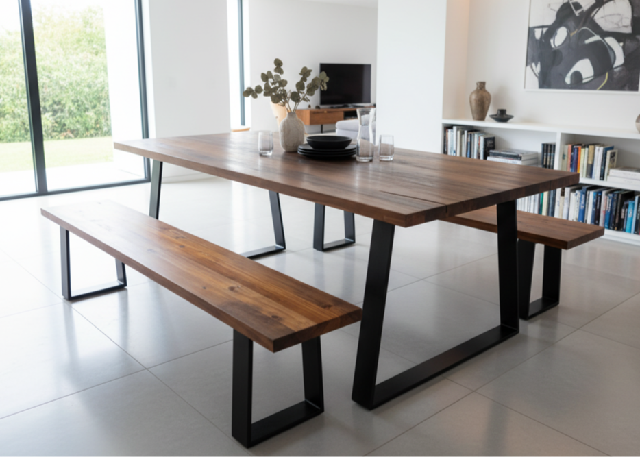 Modern dining area with a wooden table and benches in a bright room.