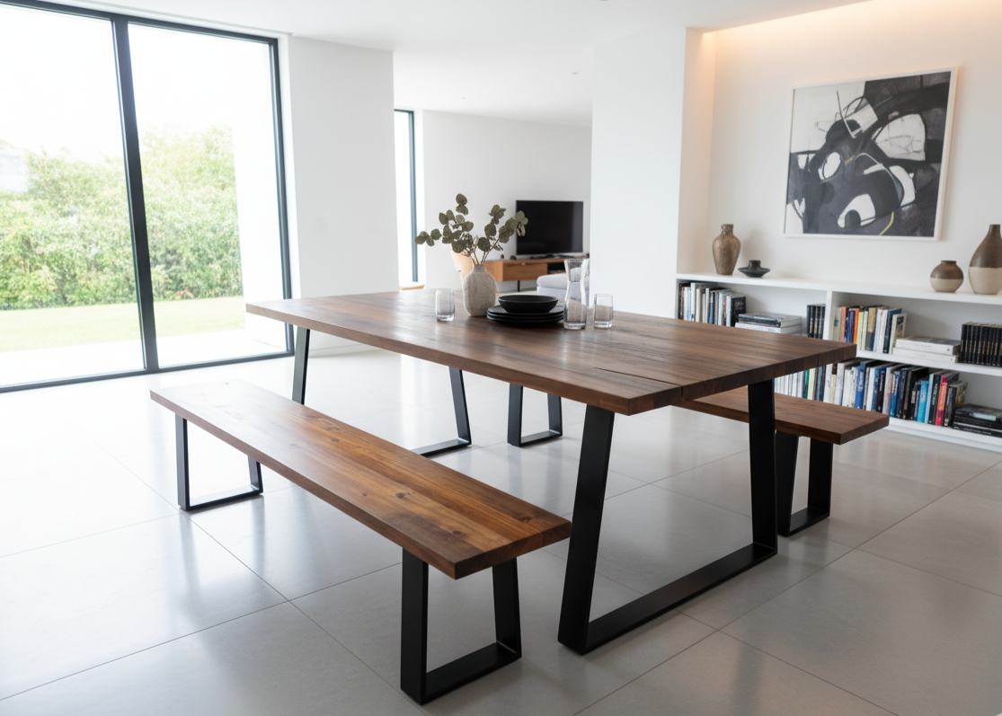 Modern dining area with a wooden table and benches in a bright room.