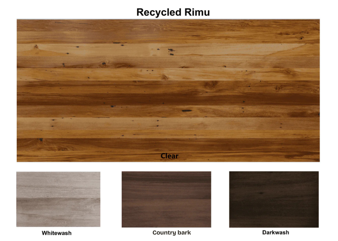 Wooden surface with 'Recycled Rimu' label and three color swatches below.