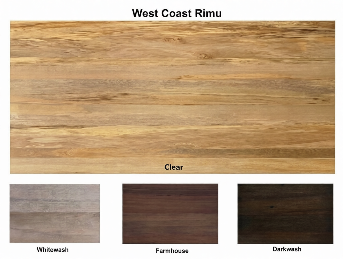 Wooden surface with 'West Coast Rimu' label and color swatches below.