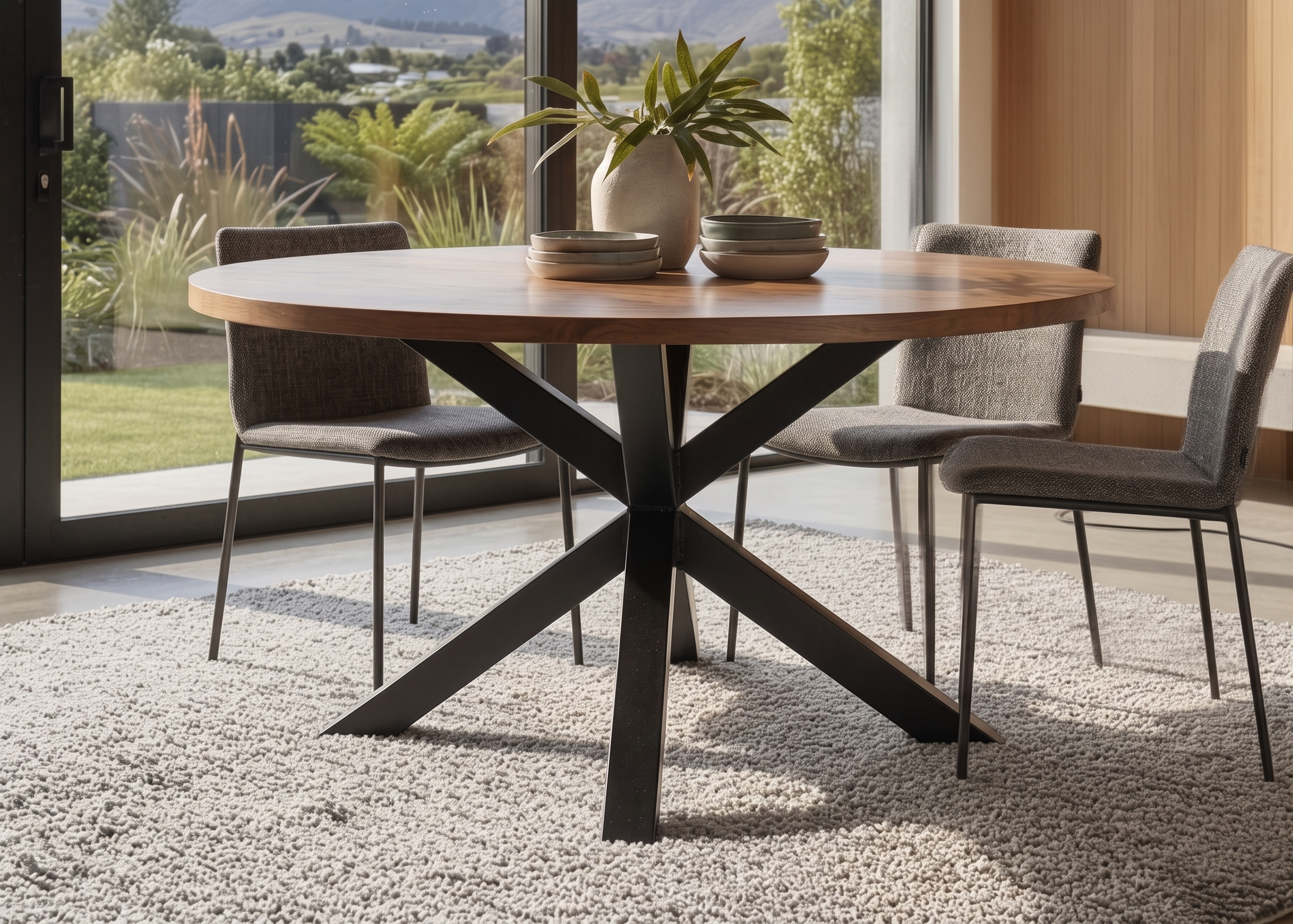 Round Asterix dining table in warm solid NZ native timber with asterisk-shaped powder-coated steel base, Christchurch-made