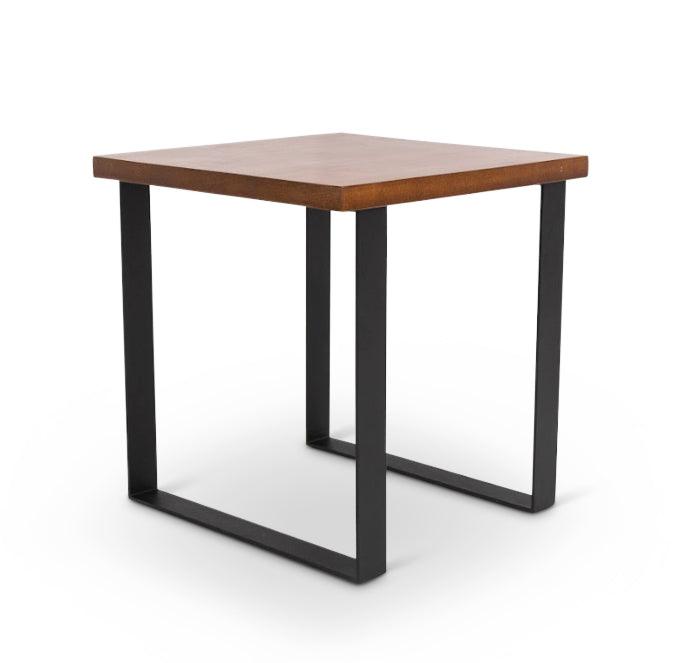 Square side table with brown top and black loop legs