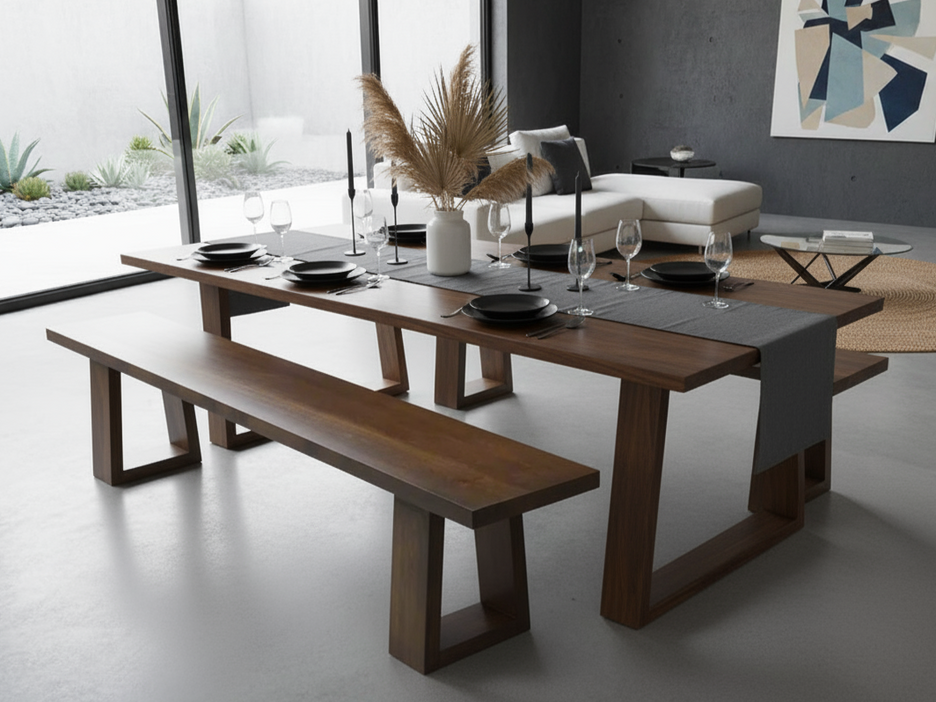 Reverse-angled timber dining table in dark-stained solid timber with matching bench and trapezoidal all-timber legs