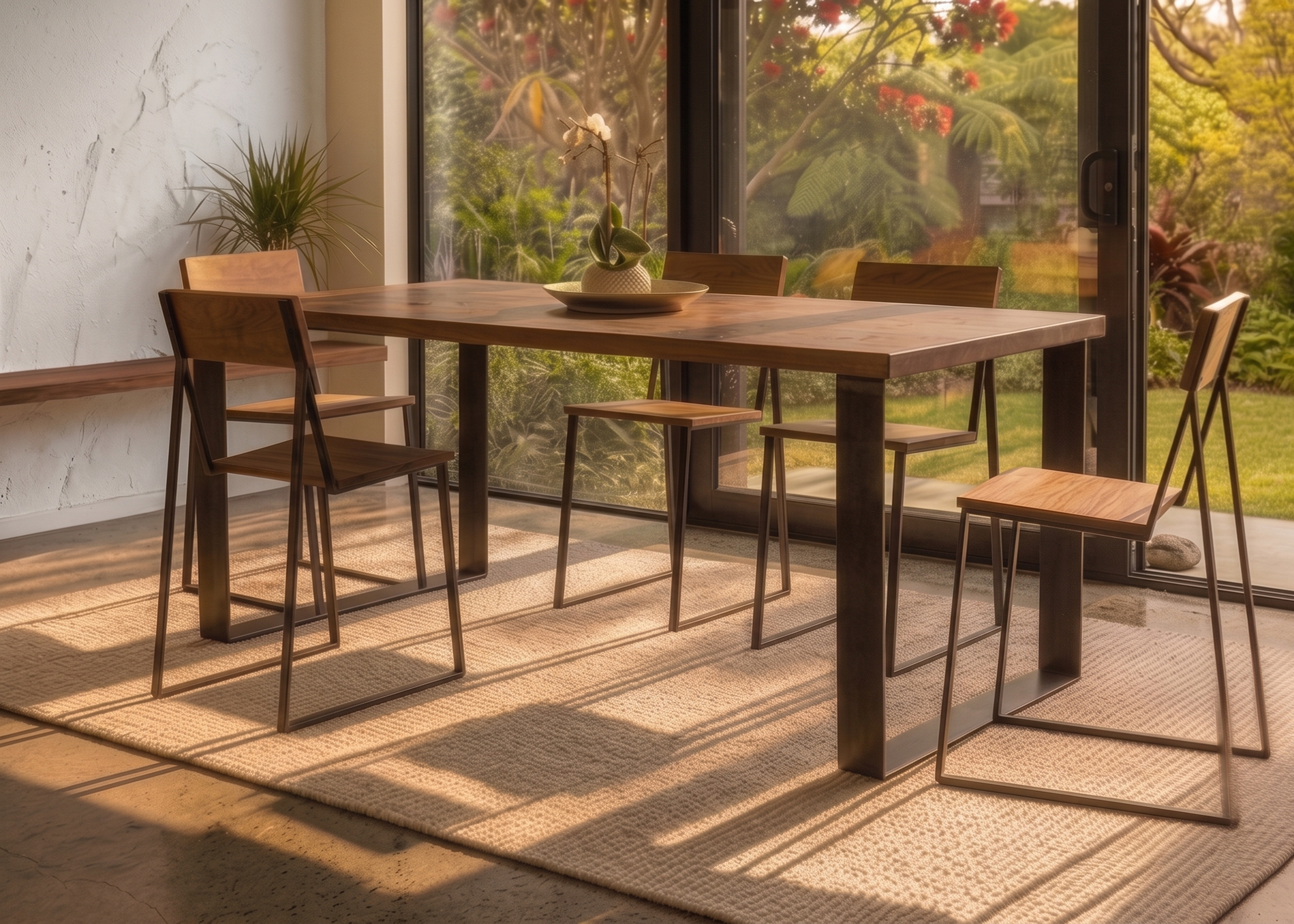 Straight steel dining table in warm solid NZ native timber with matching chairs and vertical powder-coated steel legs, Christchurch-made