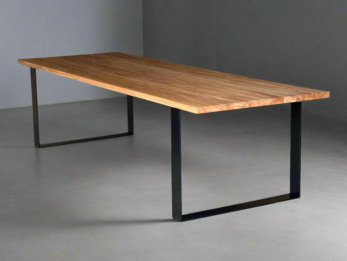 Solid-timber dining table with powder-coated straight steel box-frame legs, Innate Furniture studio shot
