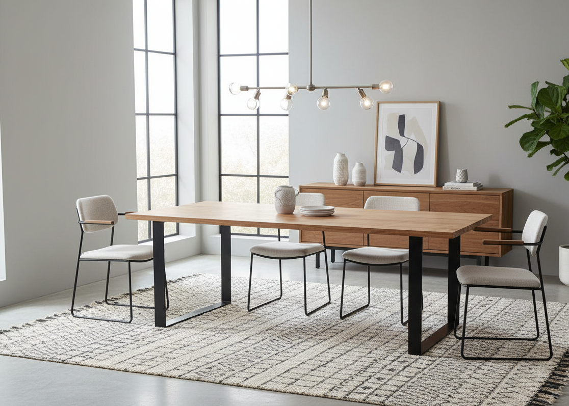 A rectangular dining table with a thick wooden top and four straight steel legs at the corners, showcasing a clean industrial style in a contemporary dining setting.