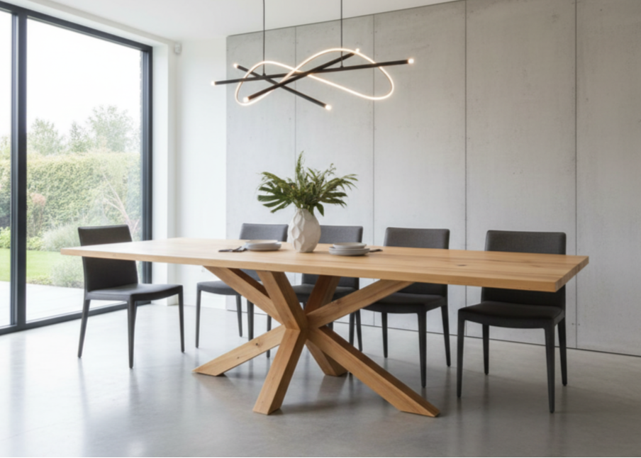 Modern dining room with a wooden table and chairs near large windows.