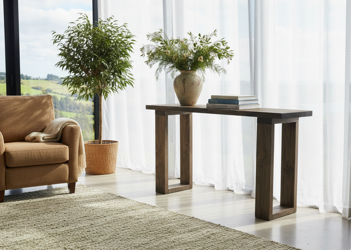 Modern living room with a wooden console table, armchair, and decorative plants.