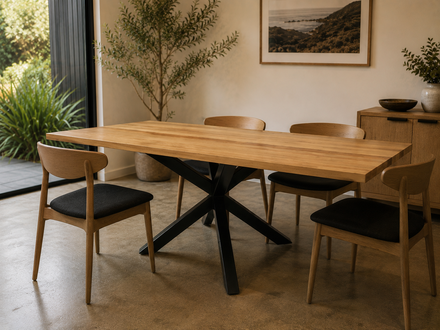 Tōtara Steel Asterix dining table with solid timber top and black steel base