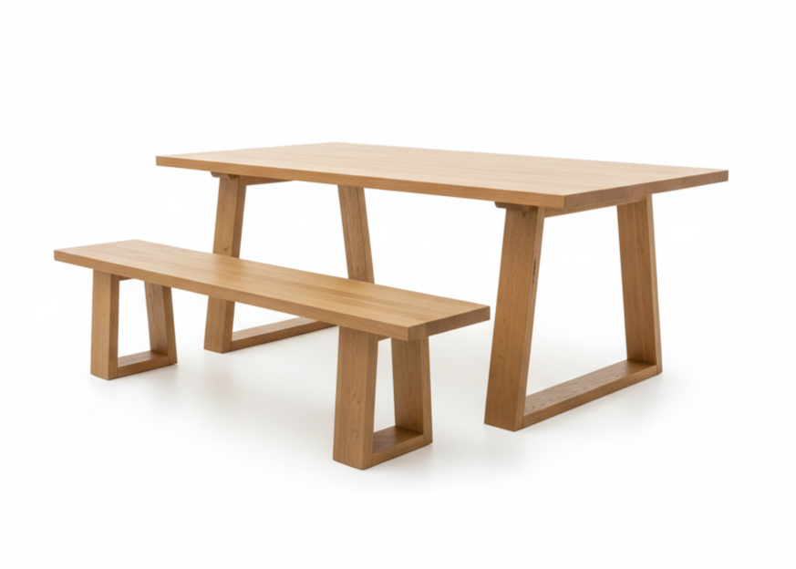 Wooden dining table and bench set on a white background