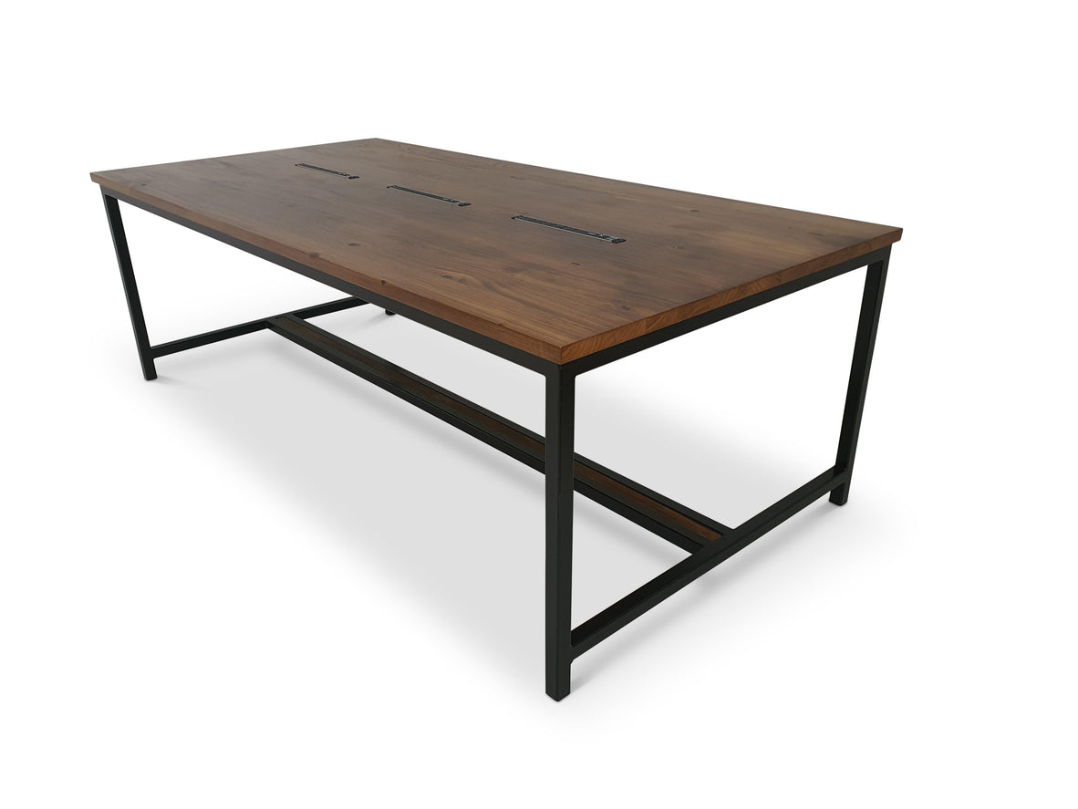 Rectangular wood-grain table with black frame legs on white background