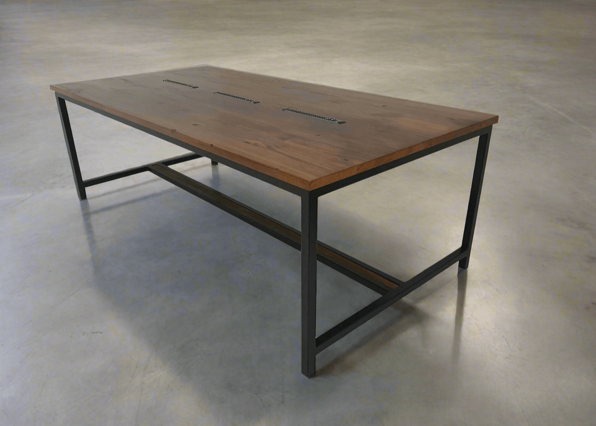 Rectangular table with wood-grain top and black frame base