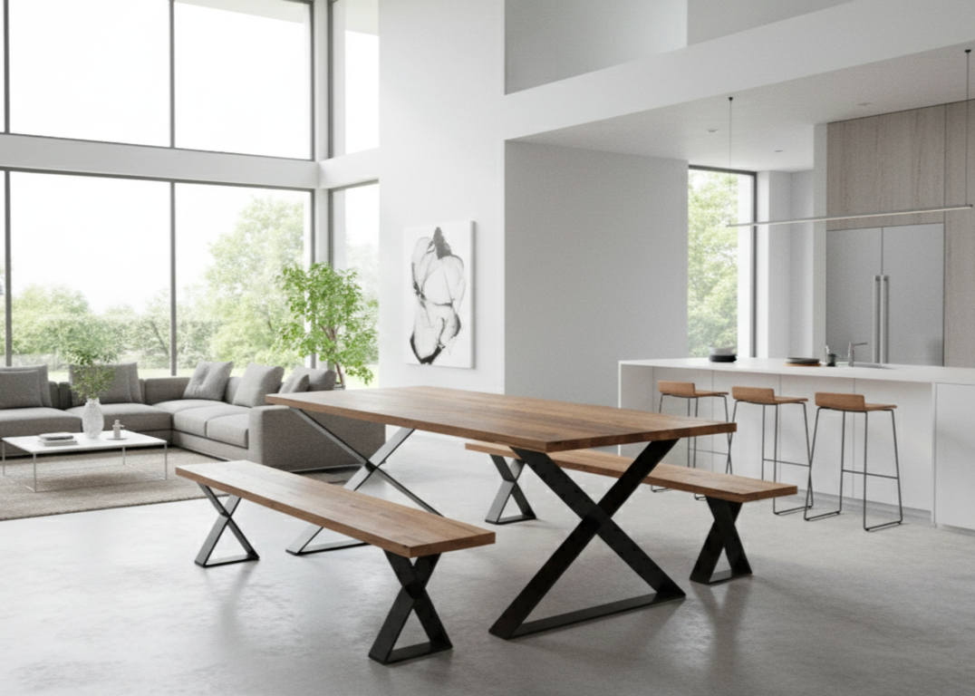A large dining table featuring crossed X-shaped leg frames at each end and a thick wooden top, creating a modern architectural look in a spacious dining room.