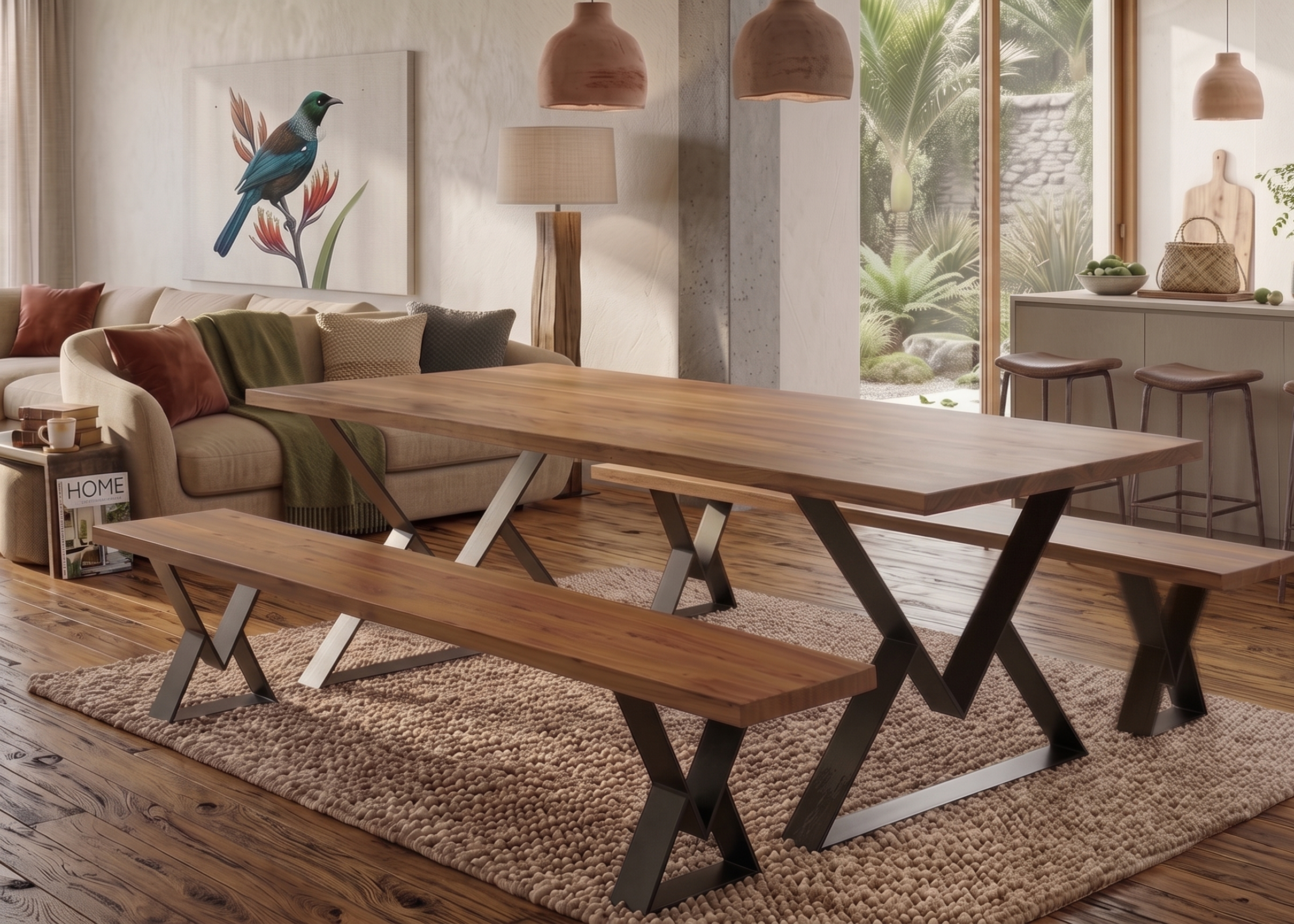 Y-Frame dining table in warm solid NZ native timber with matching bench and sculptural Y-shaped powder-coated steel legs, Christchurch-made