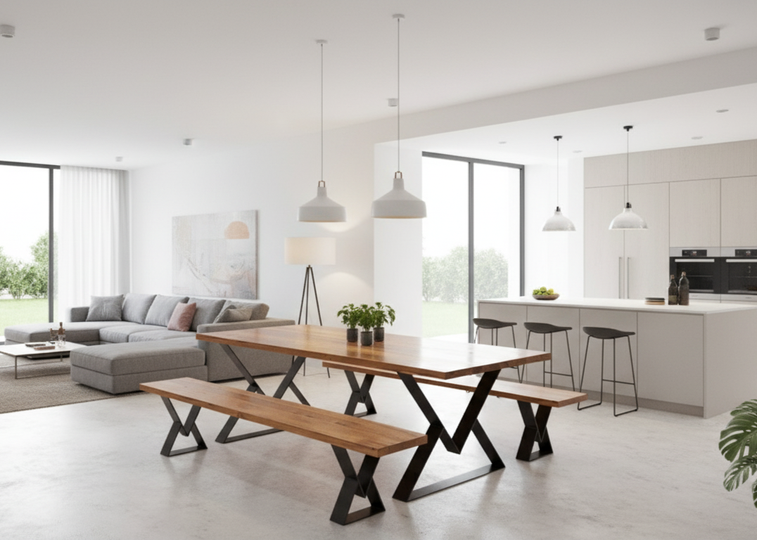 A contemporary solid wood dining table supported by distinctive Y-shaped legs, highlighting a blend of modern design and natural wood in a bright dining space.