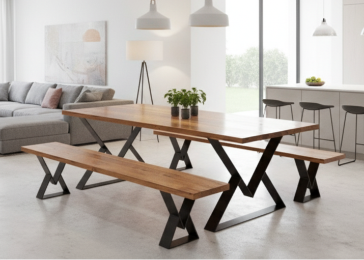 A contemporary solid wood dining table supported by distinctive Y-shaped legs, highlighting a blend of modern design and natural wood in a bright dining space.