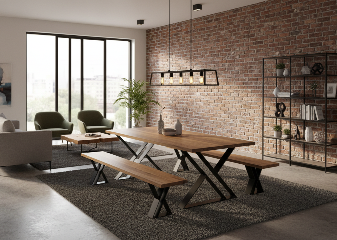 A modern dining table featuring distinctive Z-shaped metal-and-wood legs supporting a long wooden table top, creating a bold geometric profile in a stylish dining room.