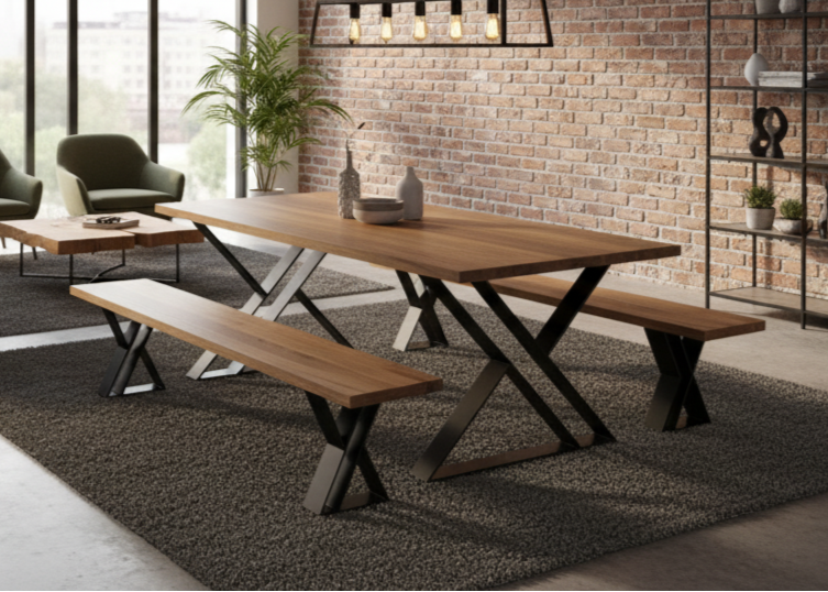 A modern dining table featuring distinctive Z-shaped metal-and-wood legs supporting a long wooden table top, creating a bold geometric profile in a stylish dining room.