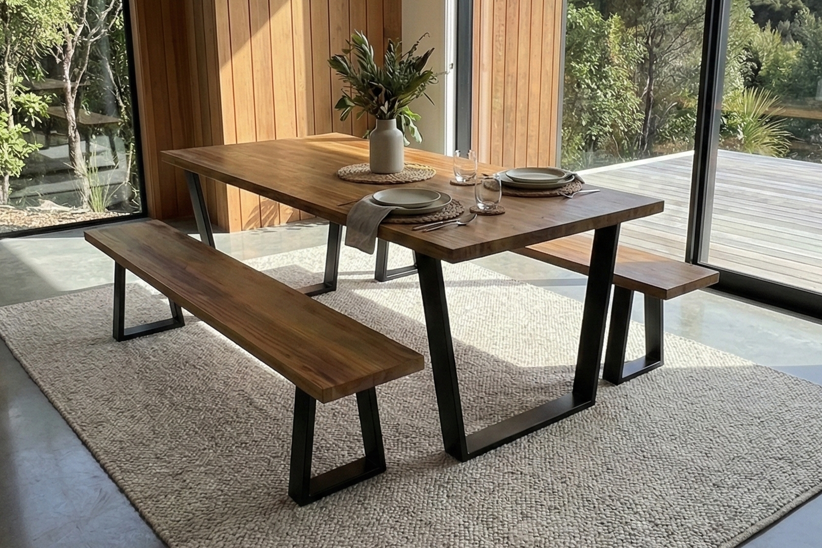 Angled steel frame dining table handcrafted by Innate Furniture in Christchurch, New Zealand