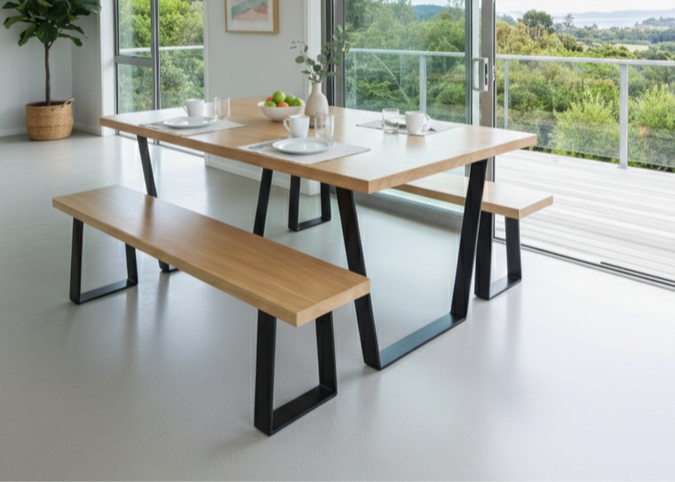 Modern dining area with a wooden table and benches in a bright room.