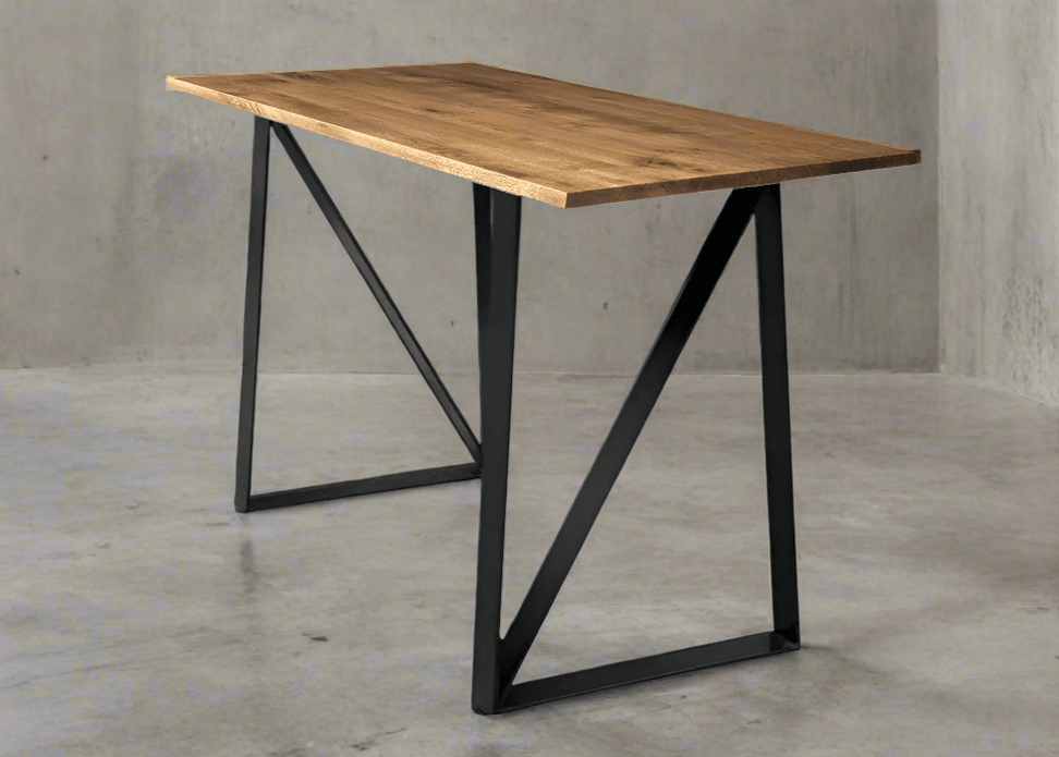 Rectangular wood-grain tabletop with black angled trestle-style legs