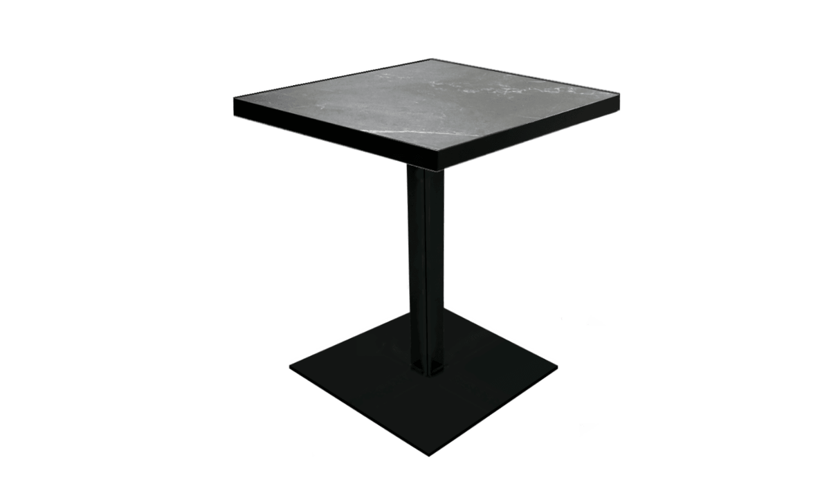 Black square pedestal café table on a white background