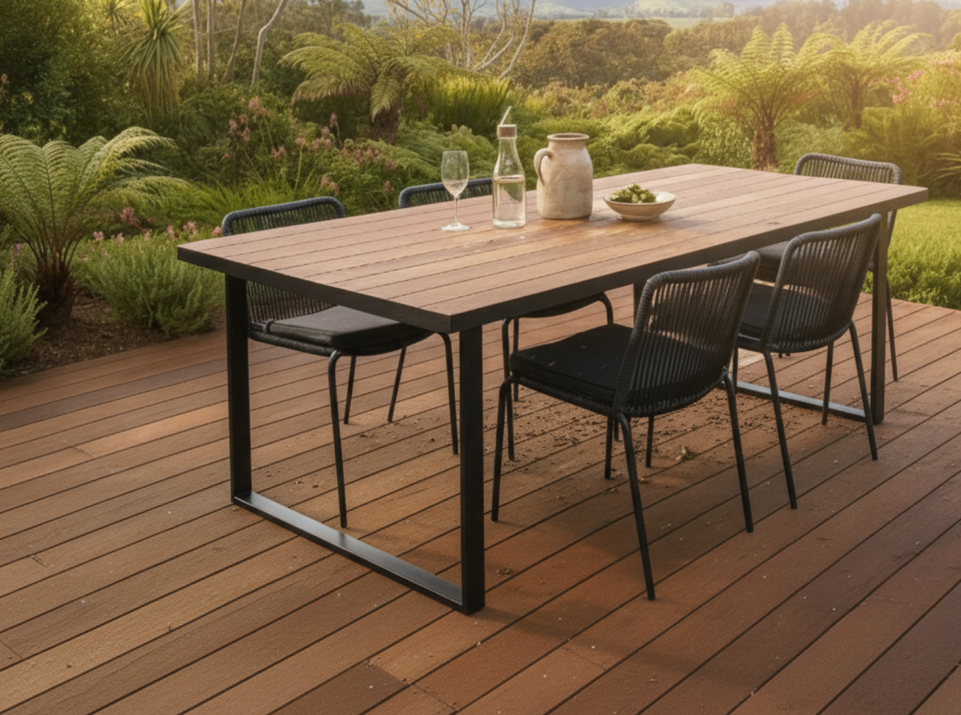 Hardwood outdoor dining table on a timber deck with chairs and planting