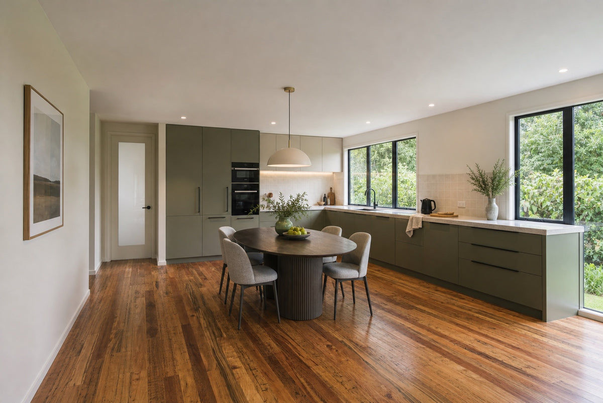 Kitchen and dining room with a Heritage grade beech floor