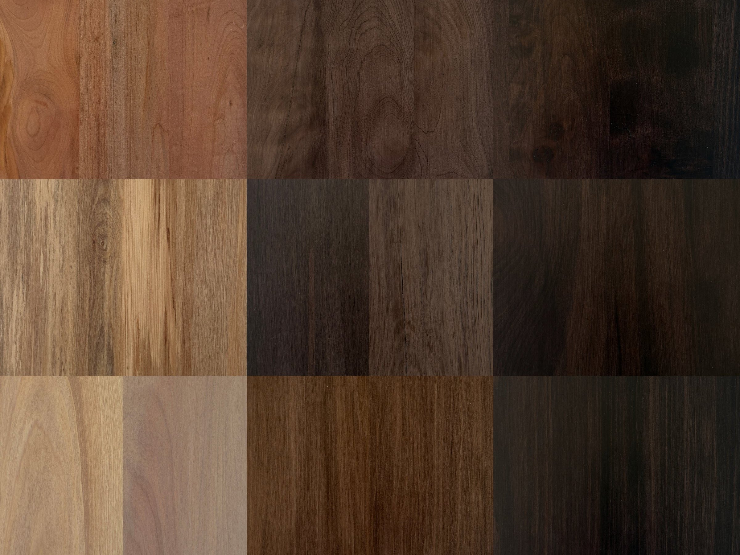 Innate Furniture timber sample grid: West Coast Beech, Rimu and Northland Tōtara in Natural, Walnut and Blackwash finishes