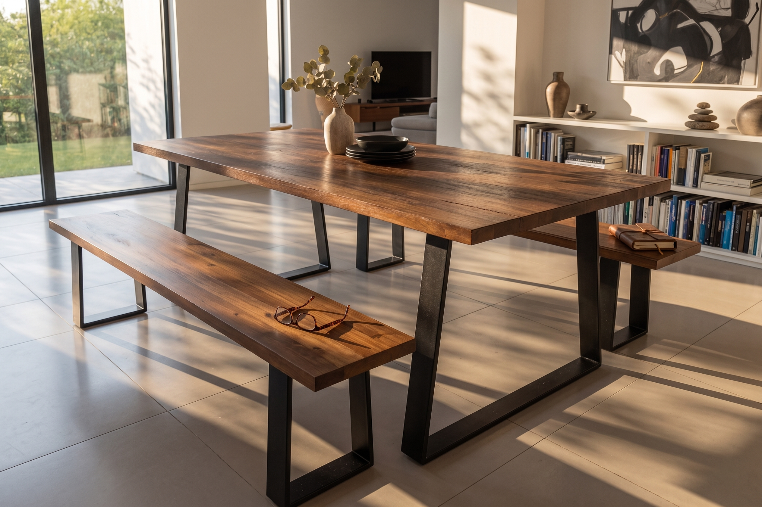 Reverse-angled steel dining table in warm solid NZ native timber with matching bench and trapezoidal powder-coated steel legs, Christchurch-made